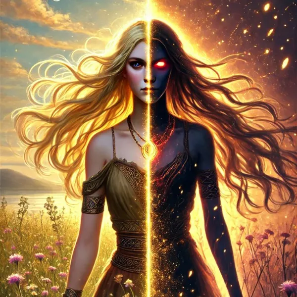 Retrato simbólico de Artemisa, figura lunar y salvaje, con mirada decidida y cuerpo en estado de alerta sagrado.