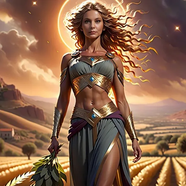 Deméter-Ceres en el Olimpo — imagen simbólica del arquetipo de la madre tierra, diosa de las cosechas, el ciclo de vida y el poder de lo nutritivo y fértil