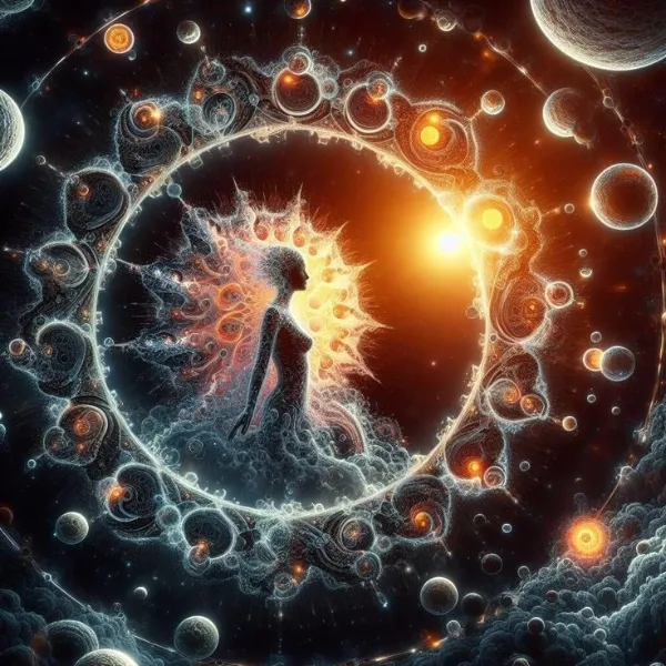 Representación arquetípica de Eco como ninfa resignada a su destino, arrodillada bajo el cielo. La luz que la envuelve sugiere la conexión con mensajes divinos que no puede originar, solo repetir. Imagen para ilustrar su rol dentro del sistema simbólico.