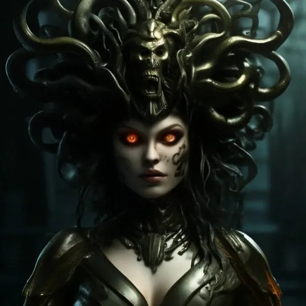 Retrato simbólico de Medusa, mujer serpiente vinculada al trauma, la rabia y el castigo mítico.