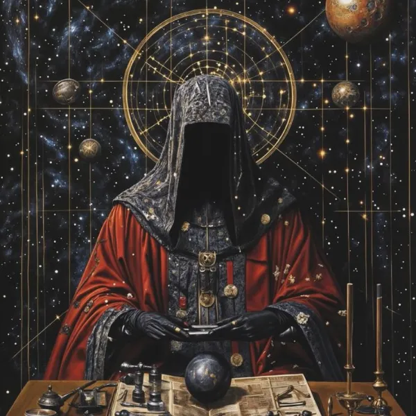 Retrato simbólico de Kai–Rahu, figura inquietante y expansiva, con ojos de futuro y hambre de misión.