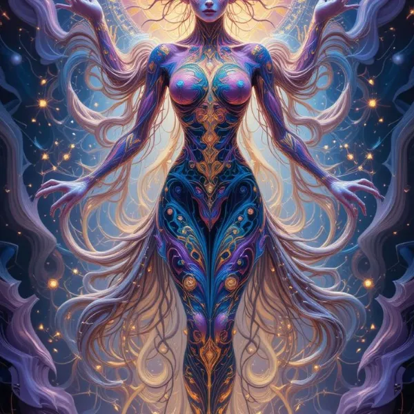 Arquetipo simbólico de Pitia: figura oracular extraterrestre, canal multidimensional de mensajes proféticos. Encarnación de la intuición no traducible dentro del universo de Lady Astaroth.