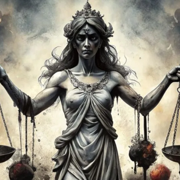 Retrato simbólico de Temis, figura majestuosa y serena, con ojos cerrados y balanza interna, encarnación de la justicia sin artificio.