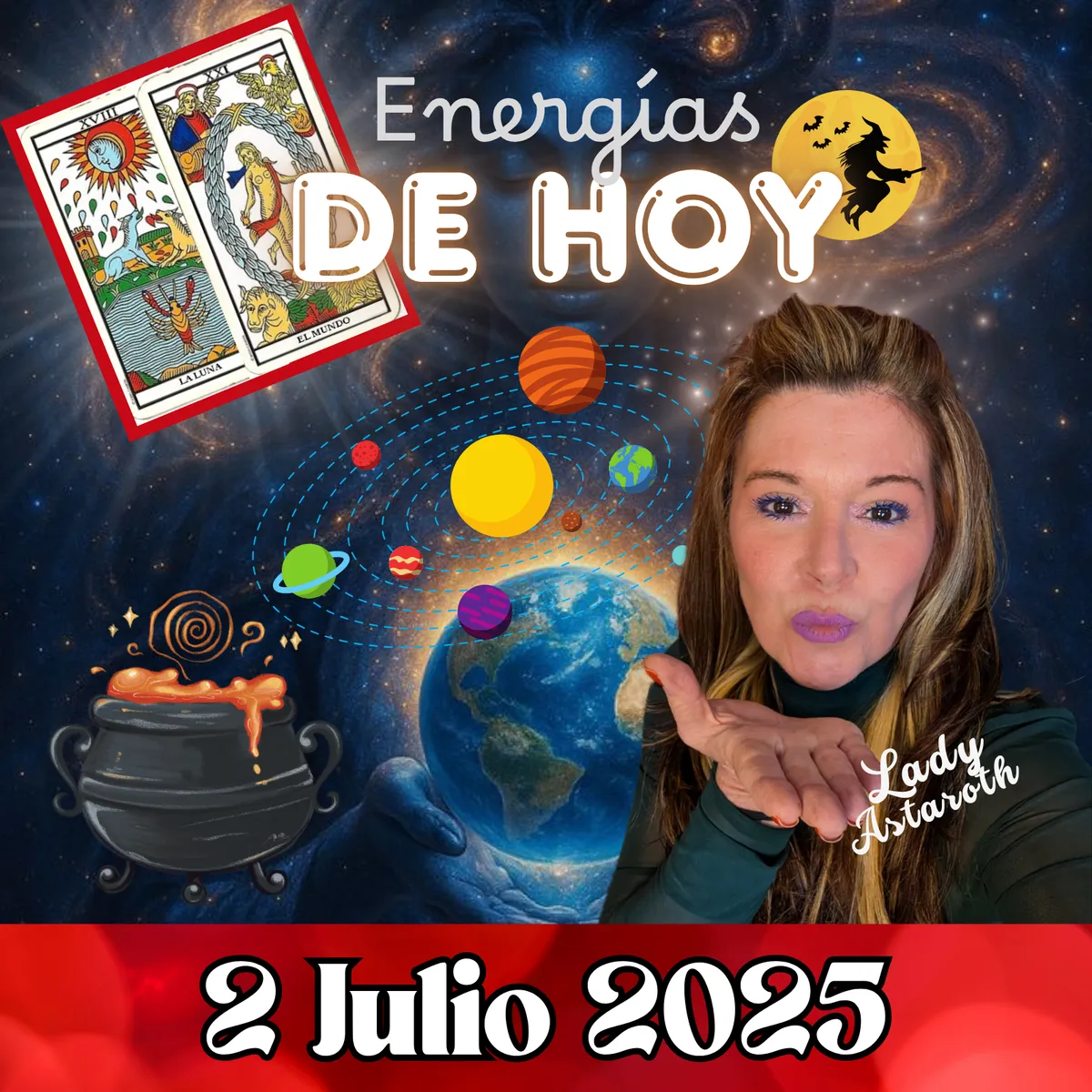 Ilustración simbólica para las energías del 2 de julio 2025: Luna en Libra, Ceres en Aries y combinación de tarot La Luna + El Mundo