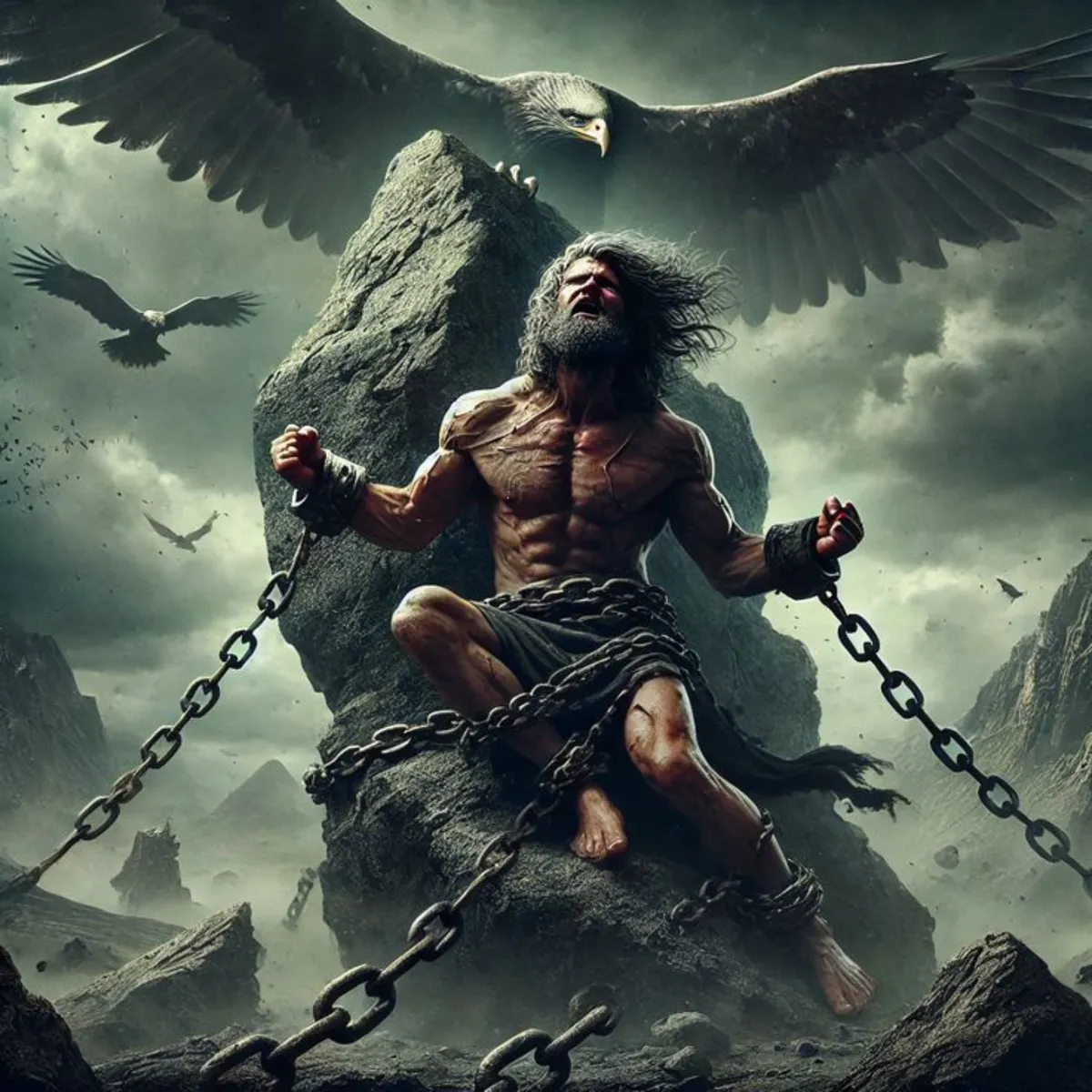 Prometeo encadenado a la roca mientras un águila desciende sobre él, símbolo del castigo eterno por entregar el fuego sagrado a la humanidad.