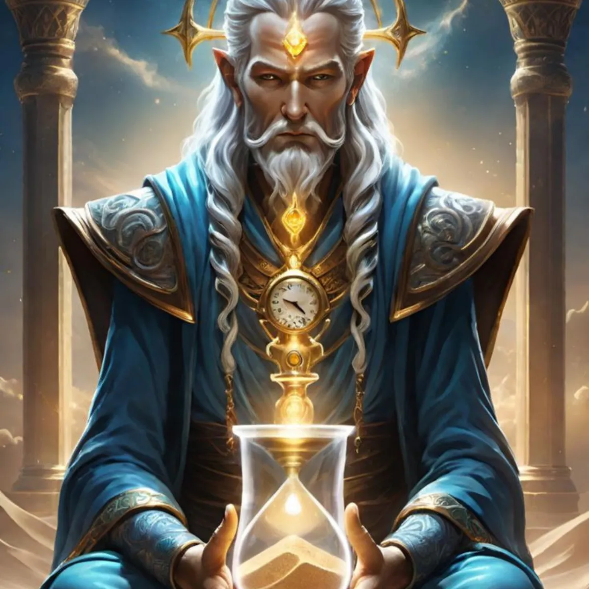 Ilustración de Cronos o Saturno, anciano majestuoso con relojes de arena y túnica azul, símbolo de orden y tiempo